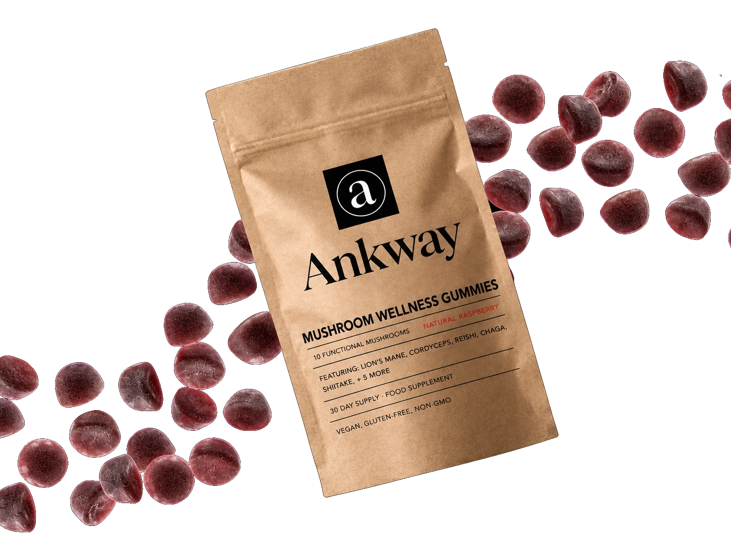 Ankway mushroom gummies package surrounded by scattered gummies.
