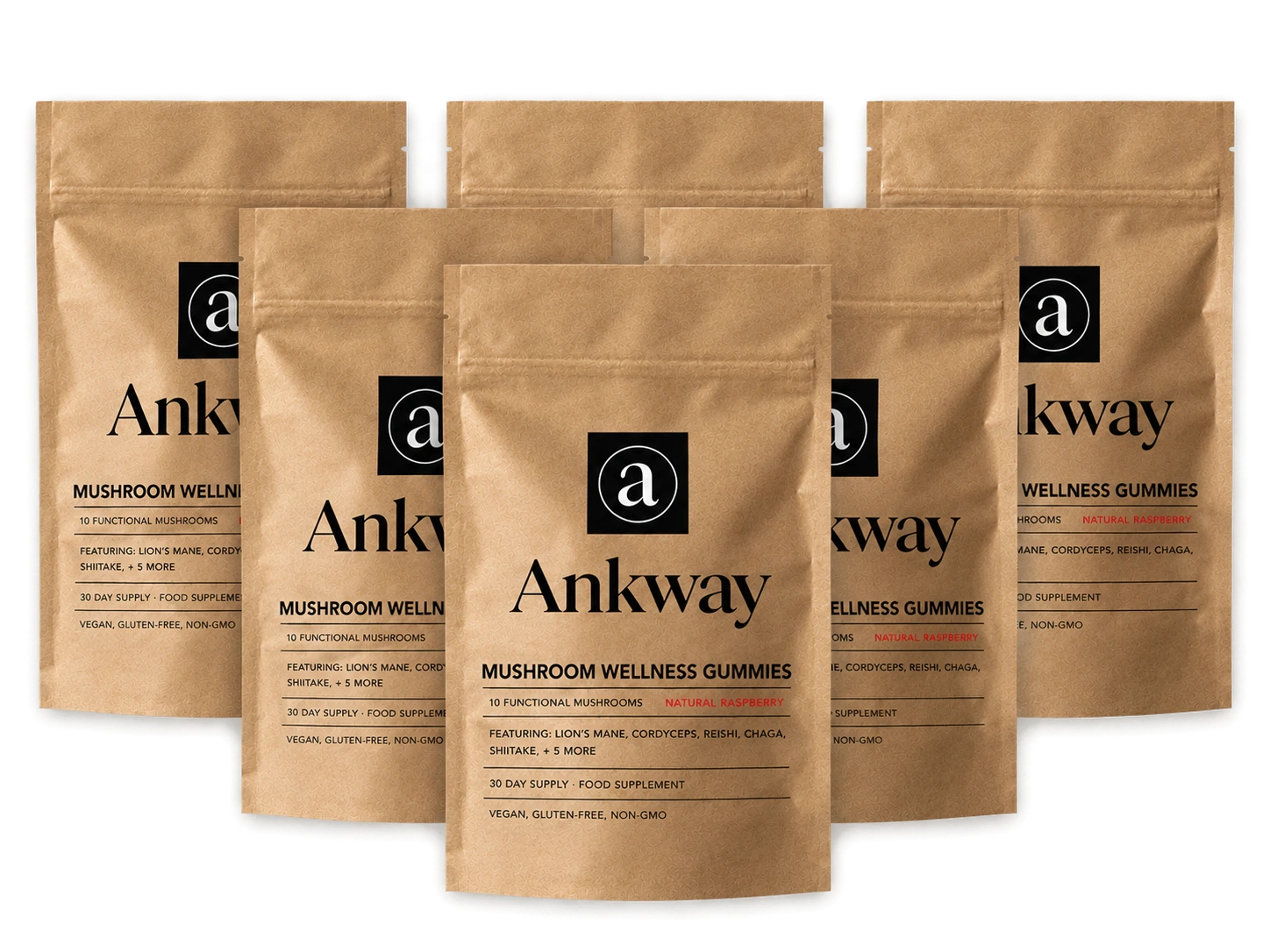 Bags of Ankway mushroom gummies in brown paper packaging.